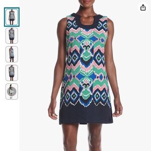 Gabby Skye Dress Size 14 Pink Green Blue Ikat, Shift Sleeveless Keyhole, NWT